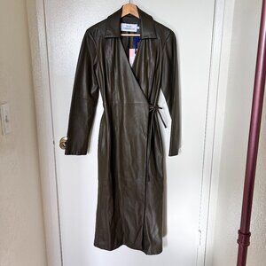 NWT Studio Fantastique Polly Faux Leather Wrap Midi Dress In Khaki Green FLAWED 